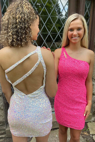 Sparkly Bodycon One Shoulder Sequins Short Homecoming Dress with Keyhole