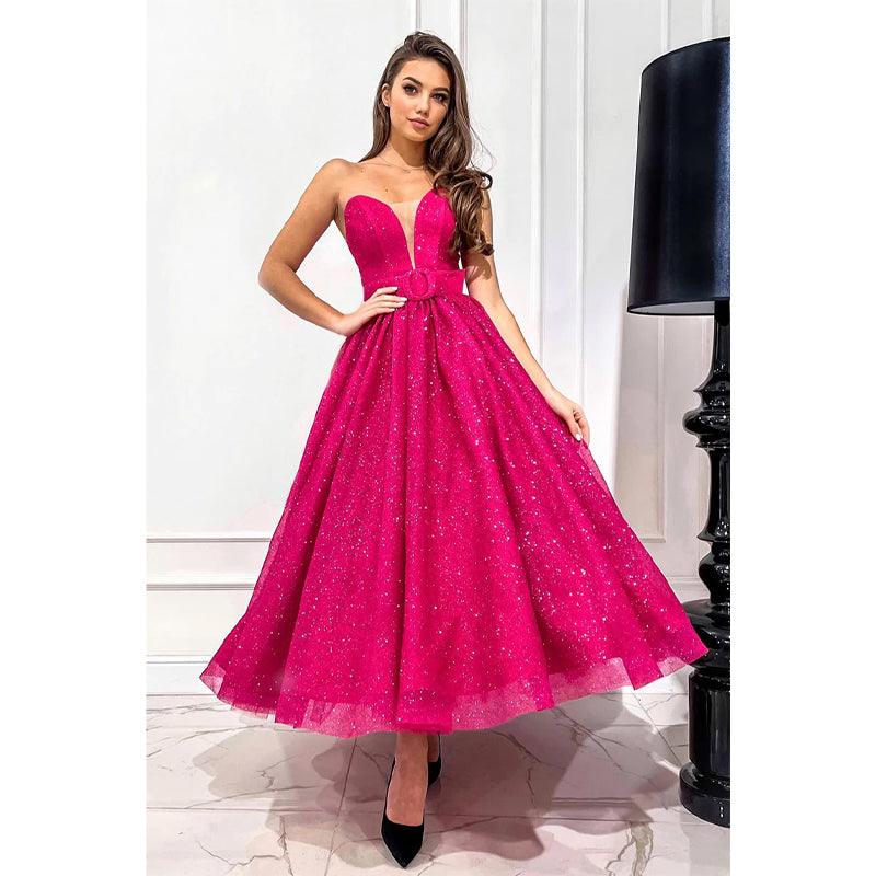 Plunging V-neck Fuchsia Vintage Prom Dress Glitter