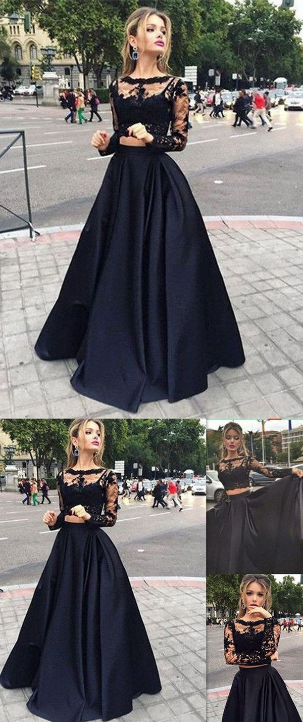 Two Piece Black Ball Gown Long Prom Dress, Long sleeves Evening Dress, Party Dresses