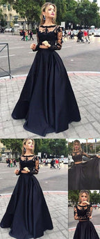 Two Piece Black Ball Gown Long Prom Dress, Long sleeves Evening Dress, Party Dresses