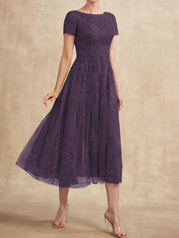A-line Scoop Tea-Length Tulle Lace Mother of the Bride Dress