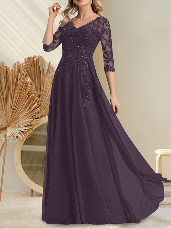 Vestido de novia de corte A, escote en V, largo hasta el suelo, de gasa de encaje con lentejuelas para la madre de la novia