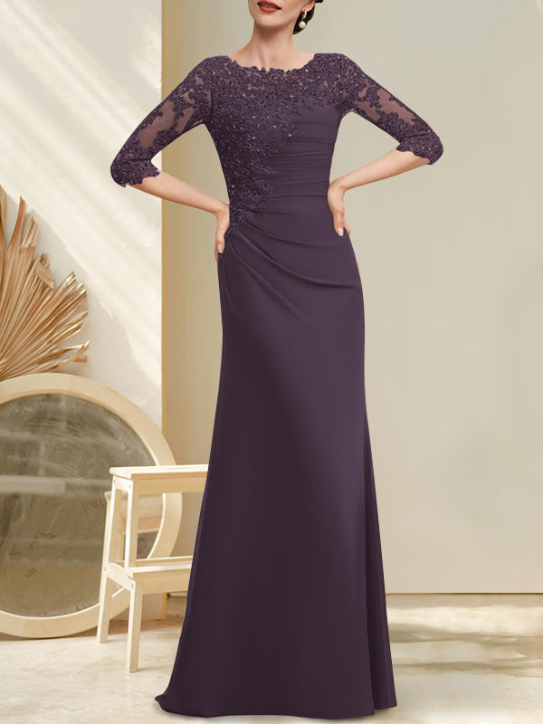 Robe de mariée trapèze en mousseline de soie et dentelle, longue jusqu'au sol, ornée de perles et de sequins plissés, idéale pour la mère de la mariée.