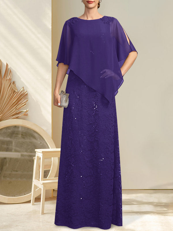 Vestido de novia de corte recto/columna, largo hasta el suelo, de gasa con encaje y lentejuelas, con escote redondo y pedrería.