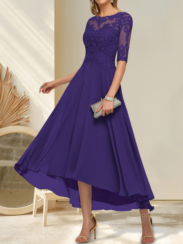 Vestido de novia de corte línea, escote barco, ilusión asimétrica, gasa, encaje y lentejuelas para la madre de la novia.