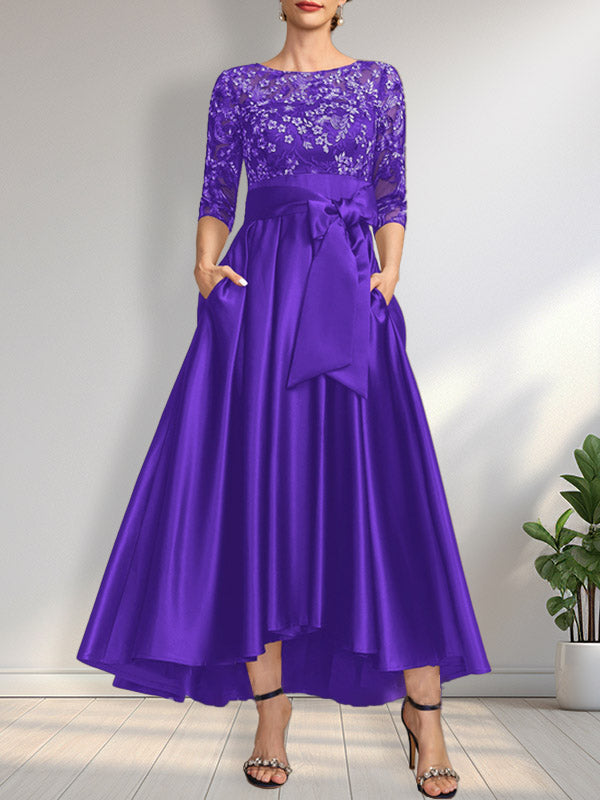 Vestido de madrina de la novia, corte asimétrico, escote ilusión, satén y encaje, con lazo.