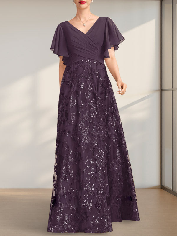 Vestido de novia de corte A, escote en V, largo hasta el suelo, de encaje, lentejuelas y gasa, con pliegues.