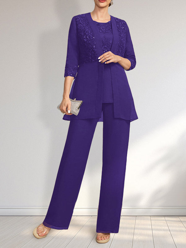 Vestido de novia de gasa con encaje y lentejuelas, estilo mono/traje pantalón, largo hasta el suelo, con escote redondo.
