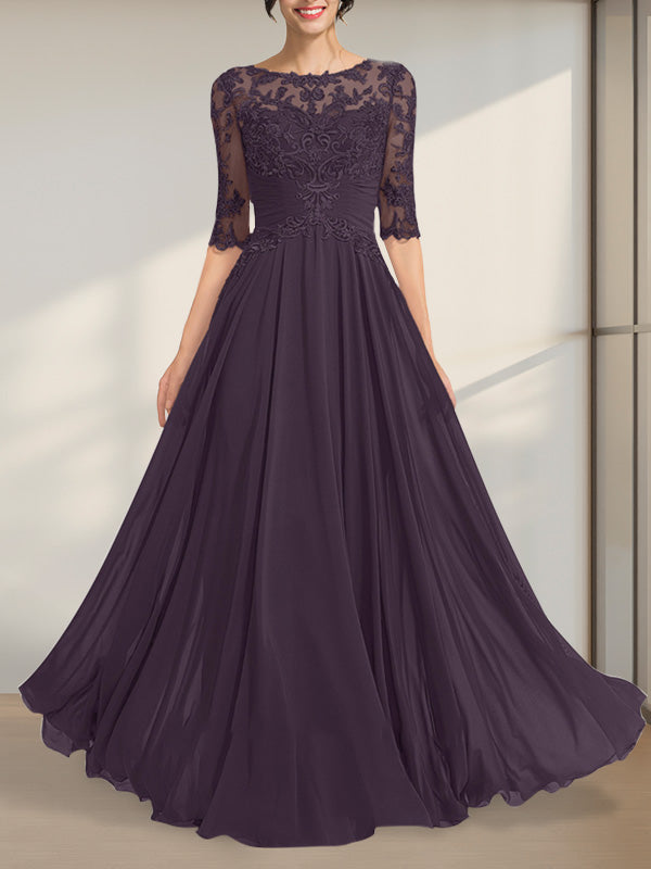 Robe de mère de la mariée en mousseline de soie et dentelle, coupe trapèze, longueur au sol, décolleté illusion, ornée de sequins plissés