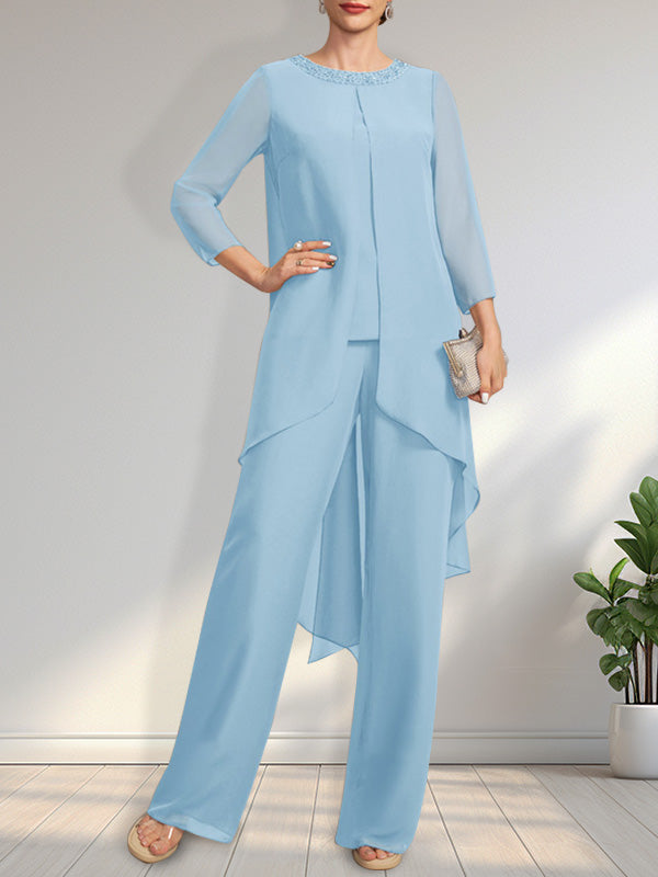 Vestido de dos piezas para la madre de la novia: mono/pantalón de gasa con escote redondo y largo hasta el suelo, adornado con lentejuelas y pedrería.