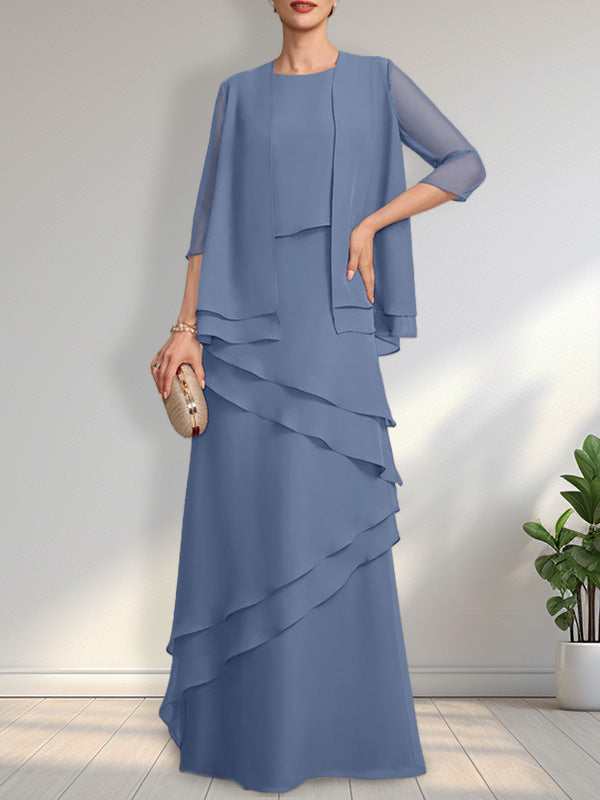 Vestido de gasa de corte recto y escote redondo hasta el suelo para la madre de la novia
