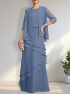 Vestido de gasa de corte recto y escote redondo hasta el suelo para la madre de la novia