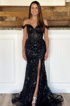 Baoleely Soleil | Gold Sequin Lace Off the Shoulder Mermaid Prom Dress