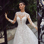 Vestidos de novia de manga larga, de lujo, con encaje, espalda descubierta y cuello alto. 