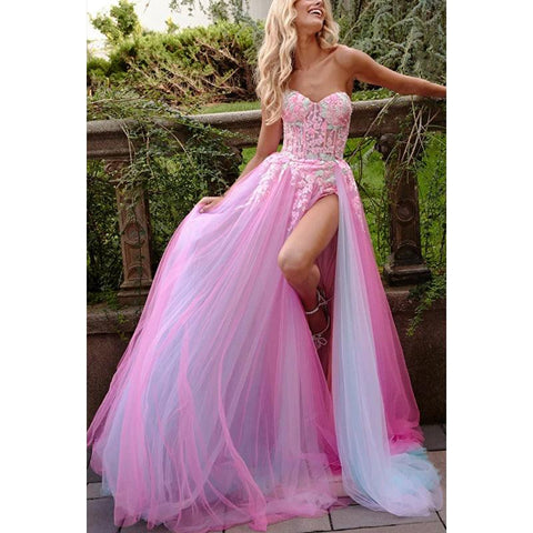 Sweetheart Strapless Floral Appliqued Ruch Tulle A-Line Long Prom Evening Dress