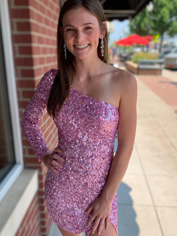 One-Shoulder Sequins Homecoming Dress