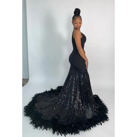 V-Neck Appliqued Sequins Feather Satin Mermaid Long Prom Evening Dress