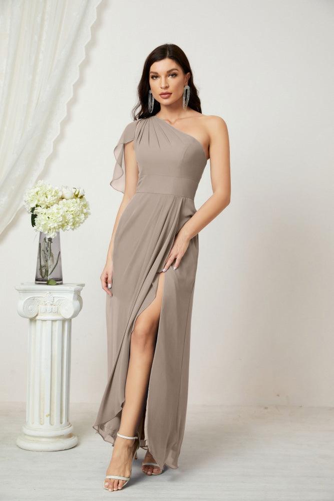 Baoleely  Chiffon Ruffled One Shoulder Long Bridesmaid Dresses A-line Formal Evening Gown Side Split 2809