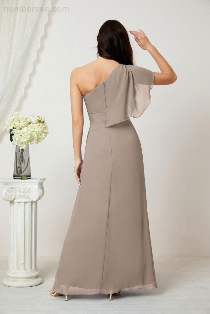 Baoleely  Chiffon Ruffled One Shoulder Long Bridesmaid Dresses A-line Formal Evening Gown Side Split 2809