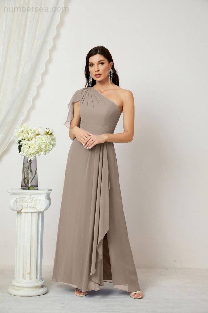 Baoleely  Chiffon Ruffled One Shoulder Long Bridesmaid Dresses A-line Formal Evening Gown Side Split 2809
