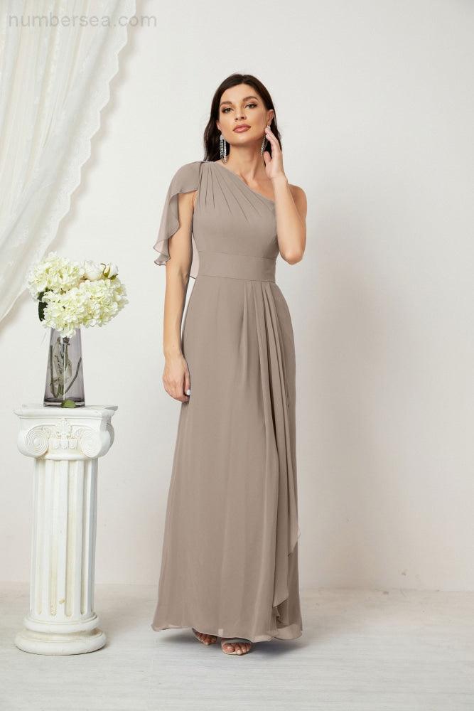 Baoleely  Chiffon Ruffled One Shoulder Long Bridesmaid Dresses A-line Formal Evening Gown Side Split 2809