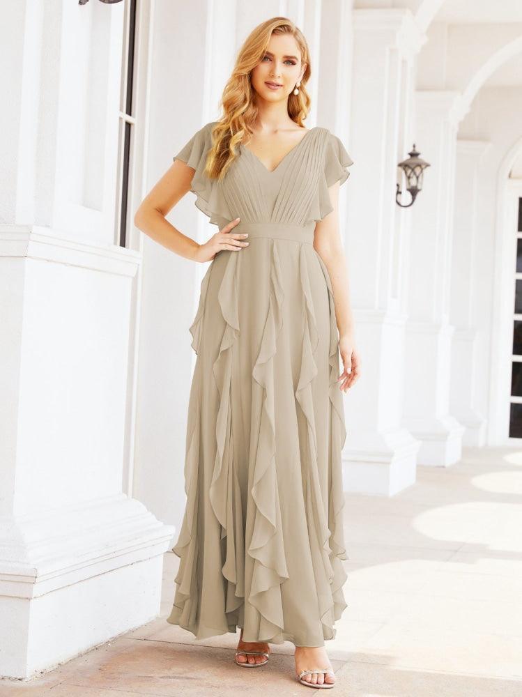 Ruffled Bridesmaid Dresses with Sleeves Long Formal Party Dress 28041
