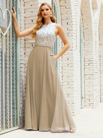 Vestido de dama de honor de encaje, largo hasta el suelo, con bolsillos, 28017 