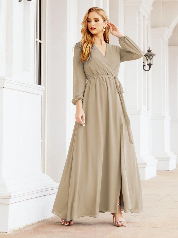 Vestido de dama de honor de gasa para mujer Sunderly, corte en A, manga larga, vestido de noche formal para invitada de boda SY28032 