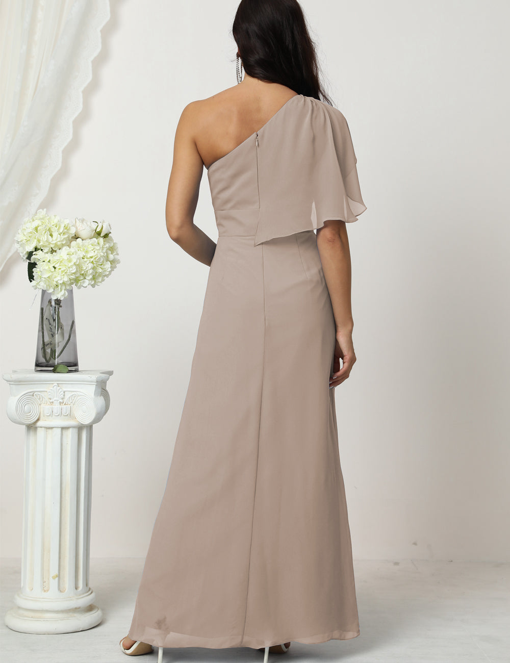 Taupe Color Size 6 Ruffled One Shoulder Prom Dress Ankle Length Chiffon Formal Evening Dress SEA2809