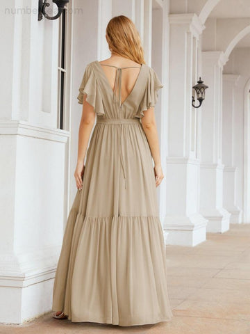 Vestido de fiesta formal de noche con espalda descubierta para mujer Baoleely, escote en V, largo, de gasa, con cinturón a la cintura 28038