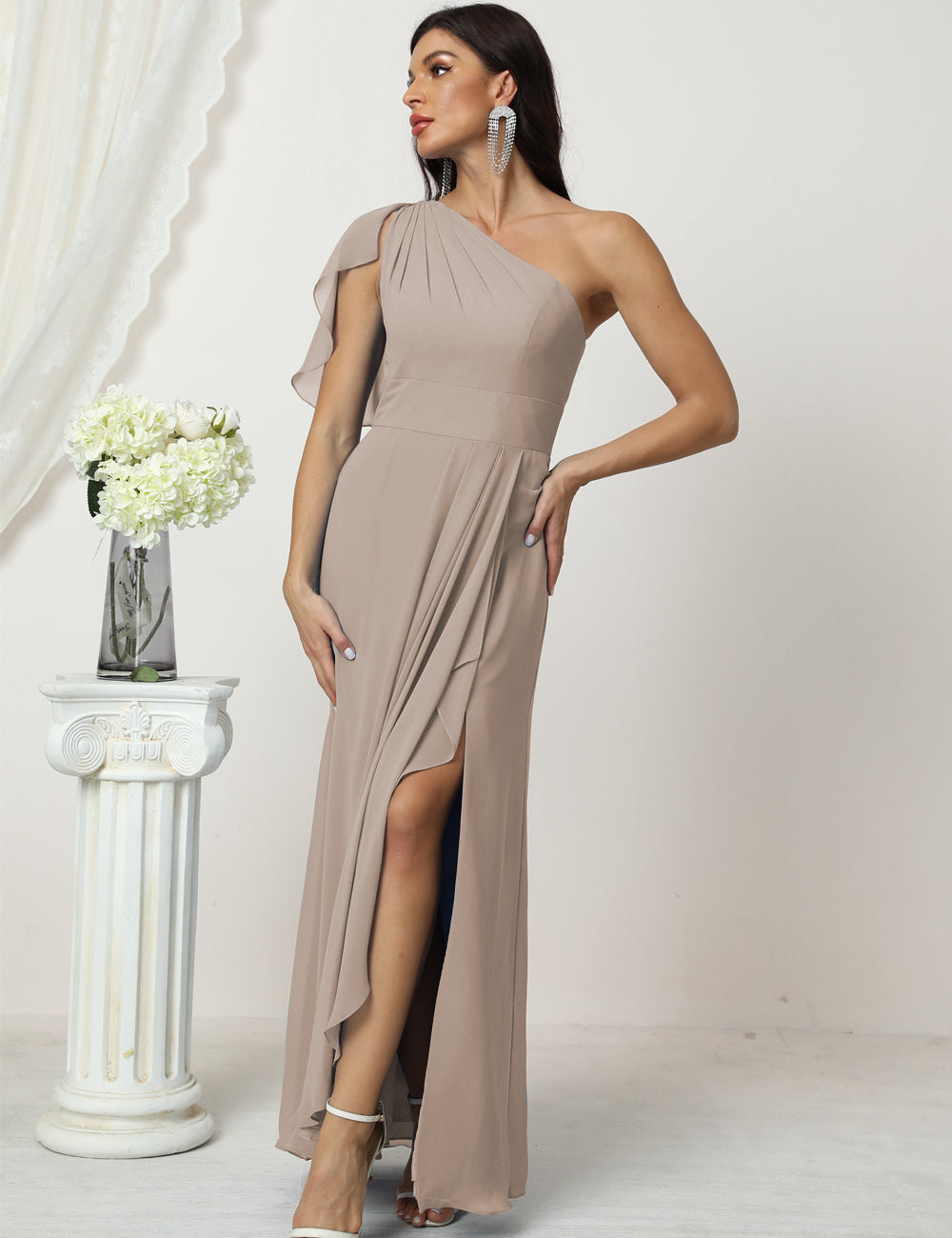 Taupe Color Size 6 Ruffled One Shoulder Prom Dress Ankle Length Chiffon Formal Evening Dress SEA2809
