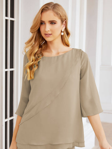 Elegante conjunto de pantalón y bata plateada de dos piezas para la madre de la novia, talla grande, con volantes, Sunderly Elegant SY28064