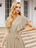 Baoleely Women's Open Back Formal Evening Party Prom Gowns V-Neck Long Chiffon Bridesmaid Dresses with Waist Belt 28038
