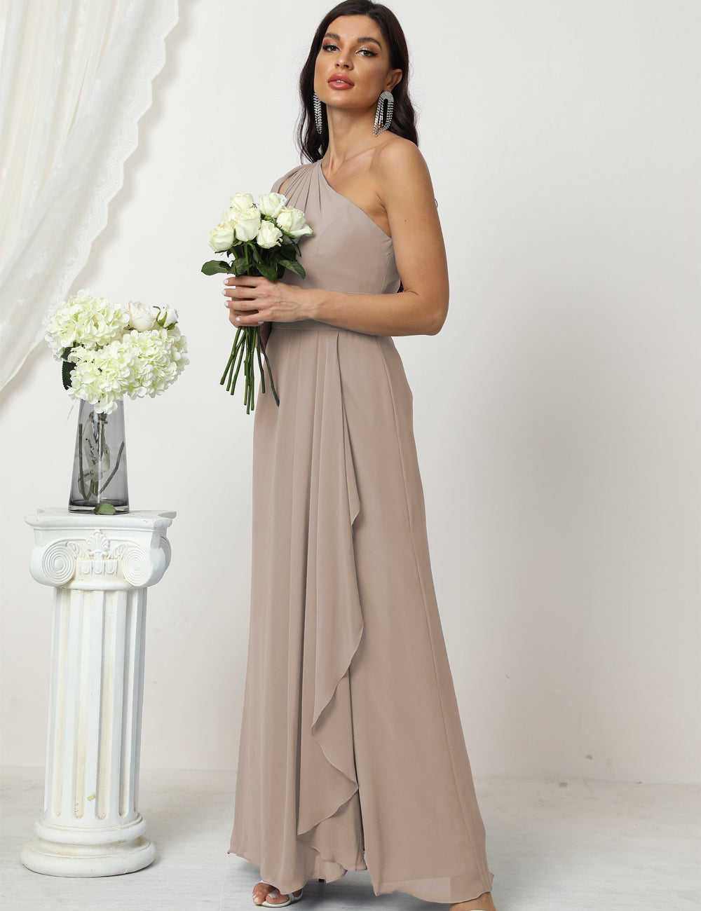 Taupe Color Size 6 Ruffled One Shoulder Prom Dress Ankle Length Chiffon Formal Evening Dress SEA2809