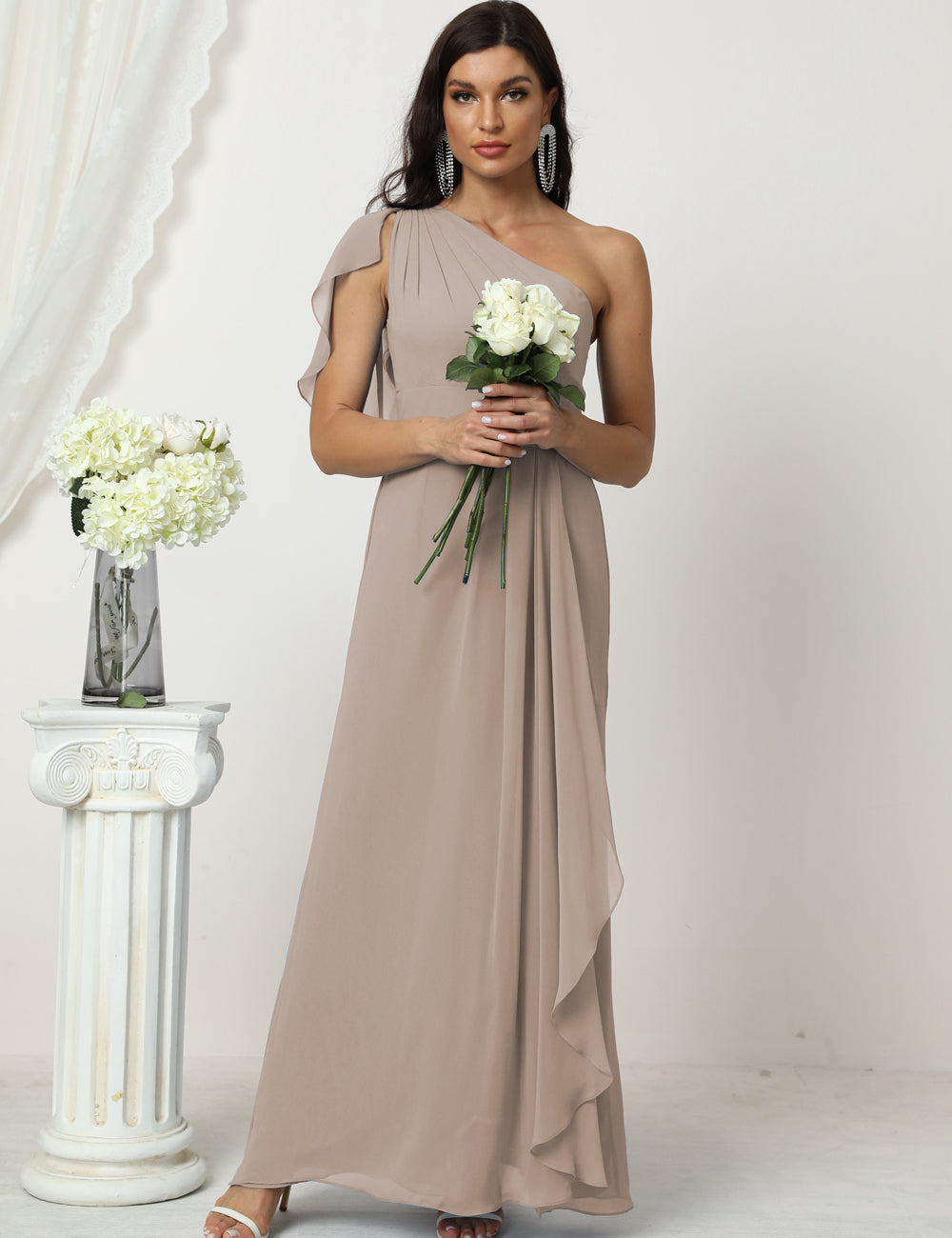 Taupe Color Size 6 Ruffled One Shoulder Prom Dress Ankle Length Chiffon Formal Evening Dress SEA2809