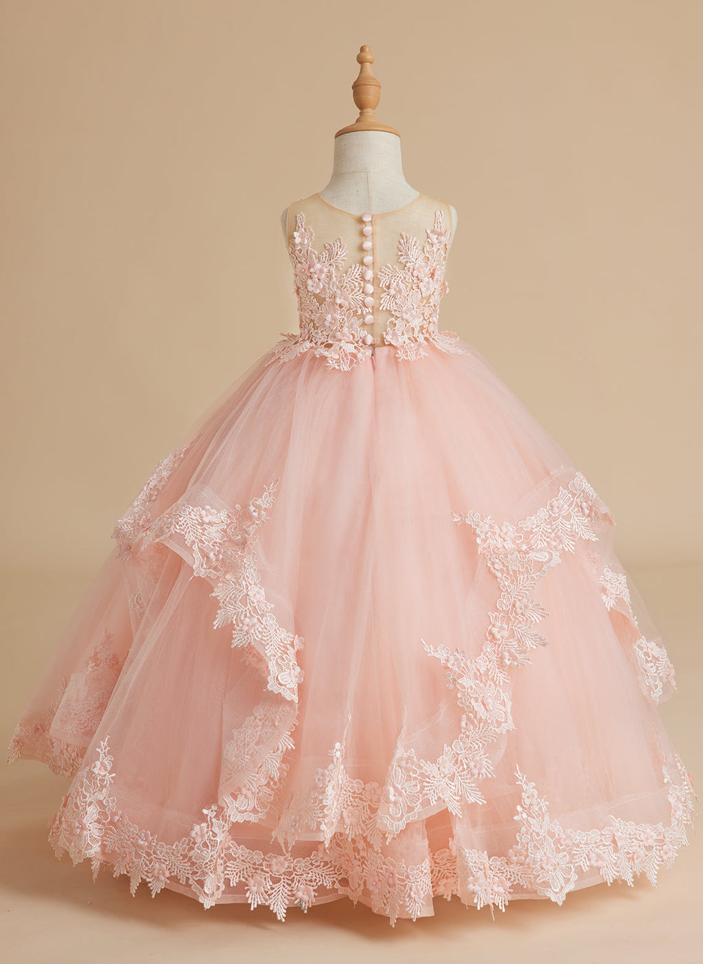 Vestido de princesa sin mangas de tul con apliques de encaje y cola corta para niñas 