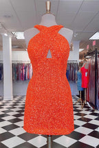 Lynn | Robe de bal de promo rose fuchsia à sequins, coupe trapèze, dos nu et fourreau, sans manches | Robe fourreau à dos nu et coupe trapèze