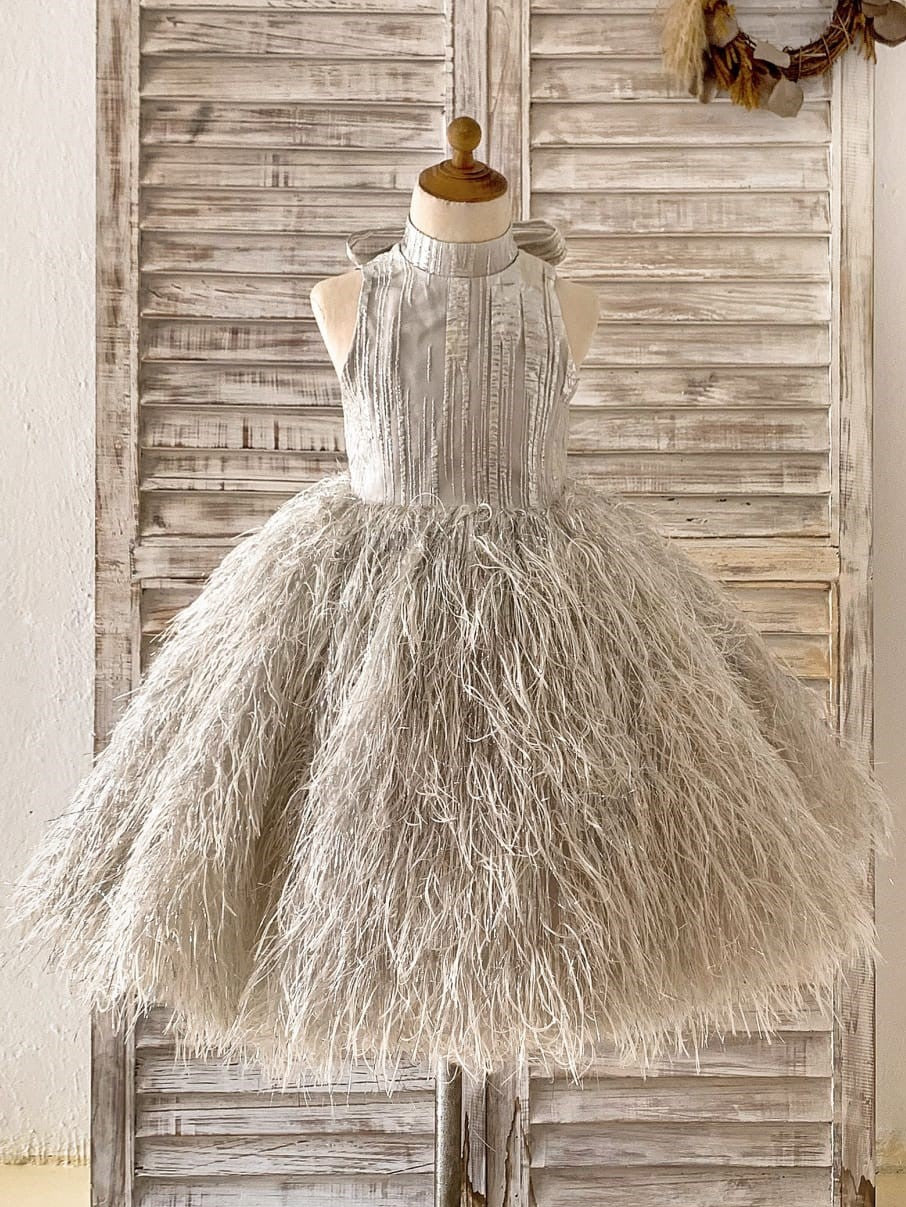 Vestido de cumpleaños plateado hasta la rodilla de jacquard para niña