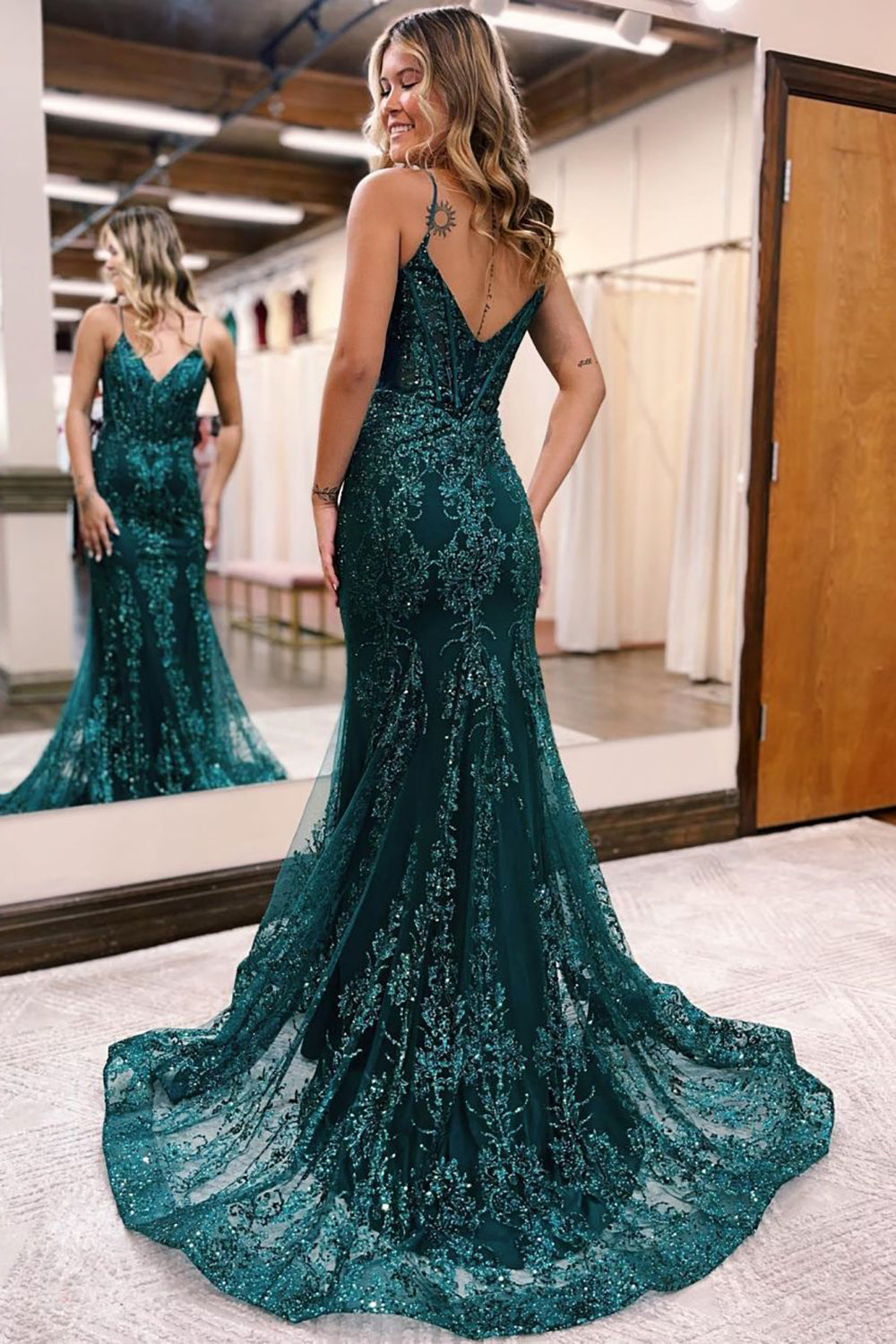 Vestido largo de fiesta de sirena verde brillante con lentejuelas