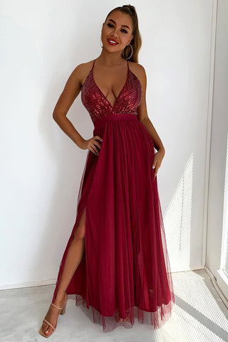 Vestido de fiesta con lentejuelas y escote en V