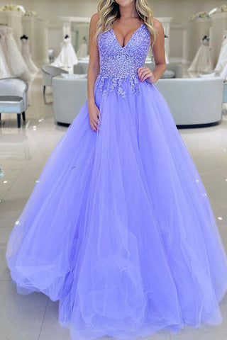Gorgeous A Line V Neck Purple Long Prom Dress with Appliques