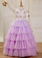 Vestido de princesa de tul lila con apliques florales y pedrería para niñas 