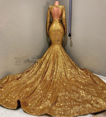 Vestido de fiesta largo dorado con lentejuelas, escote en V, sin mangas y estilo sirena.