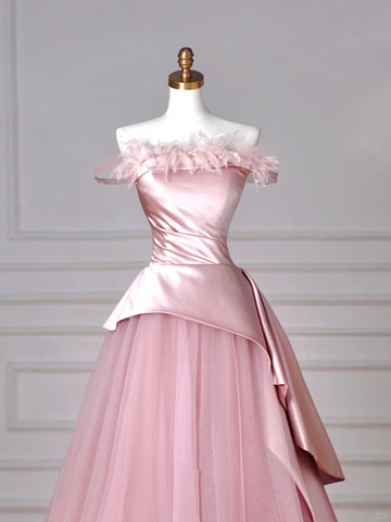 Elegant Feathers Neck Strapless Tulle Satin Ball Gown Pink A Line Prom Evening Dress Y8629