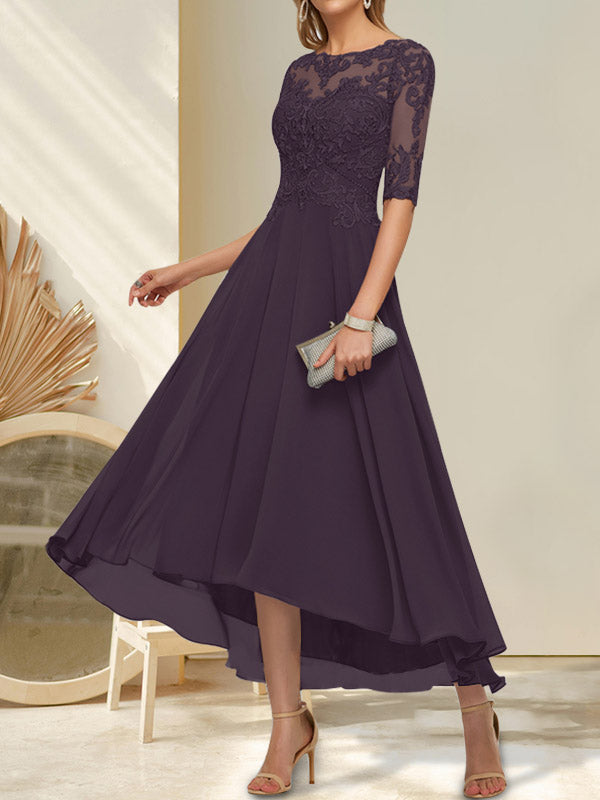 Vestido de novia de corte línea, escote barco, ilusión asimétrica, gasa, encaje y lentejuelas para la madre de la novia.