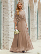 Vestido de dama de honor Sunderly para mujer, manga larga, cuello en V, de gasa, vestido formal de fiesta de boda SY28018