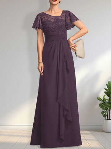 A-line Asymmetrical Illusion Floor-Length Lace Chiffon Mother of the Bride Dress With Cascading Ruffles Sequins