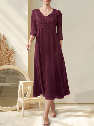 A-line V-Neck Tea-Length Chiffon Lace Mother of the Bride Dress With Beading