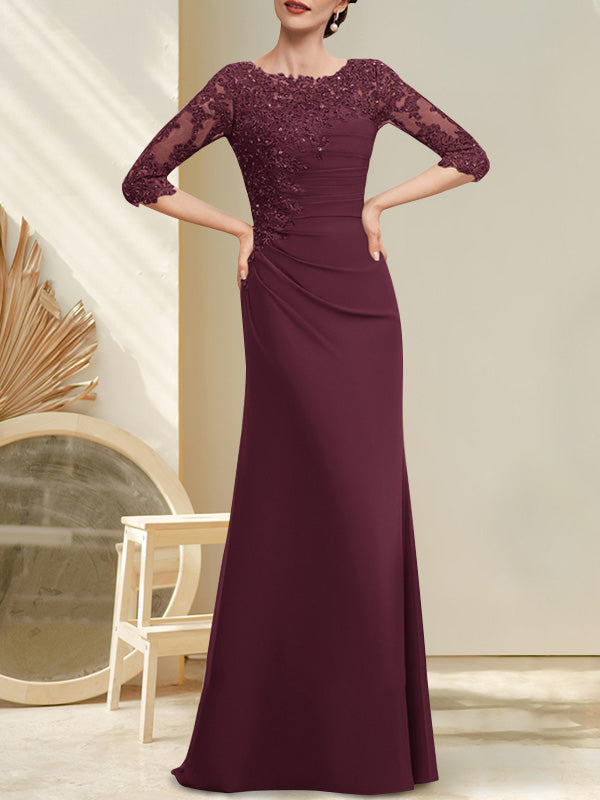 Vestido de corte A, escote redondo, largo hasta el suelo, de gasa, encaje, con cuentas, lentejuelas plisadas, para la madre de la novia.
