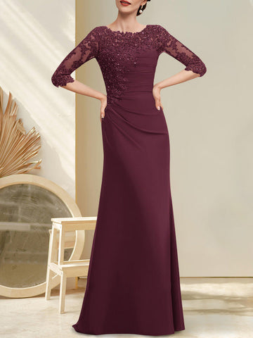 A-line Scoop Floor-Length Chiffon Lace Mother of the Bride Dress With Beading Pleated Sequins